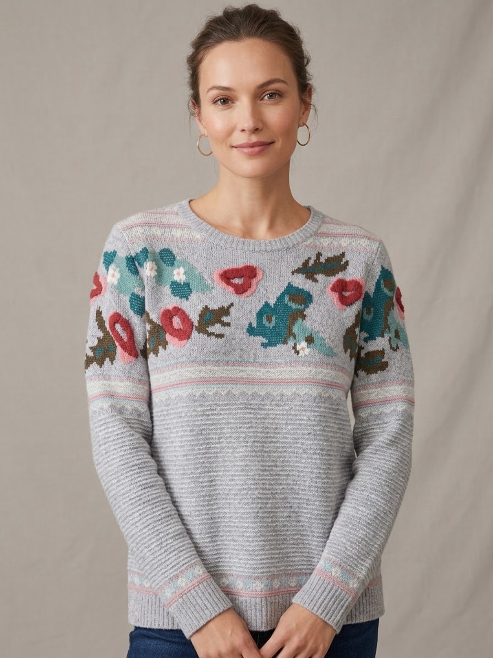 Sundance Bold Botanic Floral Embroidered Wool Sweater Grey XL